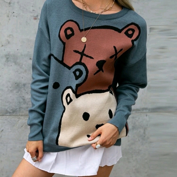 Simplee Bear Pattern Drop Shoulder Sweater - Picture 5 of 6